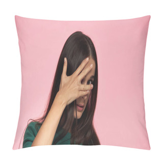 Personality  Brunette And Shy Young Woman In Green Blouse Covering Face Isolated On Pink  Pillow Covers