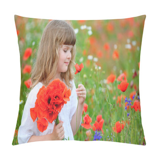 Personality  Cute Kid Girl With Wild Flowers At The Summer Field Pillow Covers