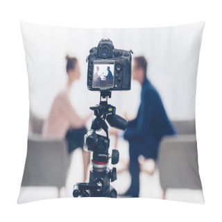 Personality  Businessman Giving Interview To Journalist In Office, Camera On Tripod On Foreground Pillow Covers