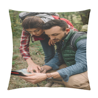Personality  Couple Of Travelers With Map Got Lost In Woods Pillow Covers