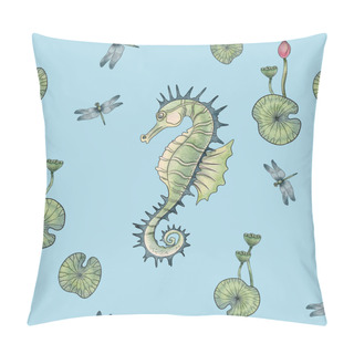 Personality  Seamless Pattern Of A Seahorse, Lotus, Lotus Leaves And A Dragonfly Pillow Covers