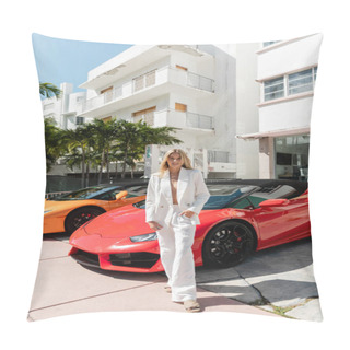 Personality  A Young Blonde Woman Standing Confidently In Front Of A Row Of Luxury Sports Cars In Miami, Exuding Elegance And Sophistication. Pillow Covers