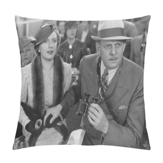 Personality  Focused Mature Man Holding Binoculars While Sitting With Woman  Pillow Covers
