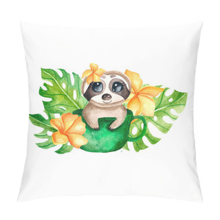 Personality  Watercolor Little Sloth With Leaves. Children's Watercolor Print For Decoration Of Postcards, Rooms, Mugs, Posters, Dishes, Fabrics, Clothes. Cute Animal. The Child Is A Sloth In Mug. Pillow Covers