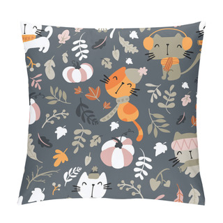 Personality  Seamless Pattern Of Cats Wearing Scarf, Playing On Pumpkin Patch Pillow Covers