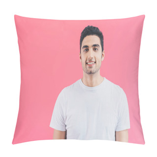 Personality  Portrait Of Smiling Handsome Man Looking At Camera Isolated On Pink Pillow Covers