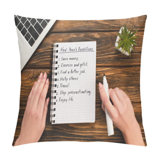 Personality  Cropped View Of Businesswoman Holding Felt-tip Pen Near Notebook With List Of New Years Resolutions Near Laptop And Potted Plant On Wooden Desk Pillow Covers