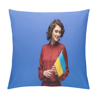 Personality  Joyful Language Teacher Holding Flag Of Ukraine And Smiling Isolated On Blue  Pillow Covers