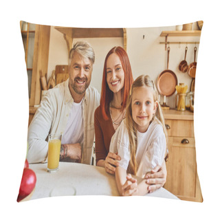 Personality  Joyful Parents With Cute Daughter Looking At Camera Near Fresh Fruits And Orange Juice In Kitchen Pillow Covers