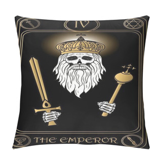 Personality    The Emperor. The 4th Card Of Major Arcana Black And Gold Tarot Cards. Tarot Deck. Vector Hand Drawn Illustration With Skulls, Occult, Mystical And Esoteric Symbols. Pillow Covers