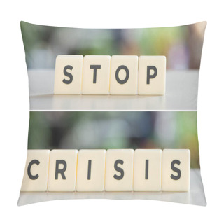 Personality  Collage Of White Cubes With Stop Crisis Words On White Surface Pillow Covers
