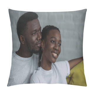 Personality  Happy Young African American Couple Looking Away Together At Home Pillow Covers