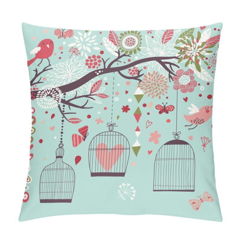 Personality  Freedom concept card. Birds out of cages. pillow covers