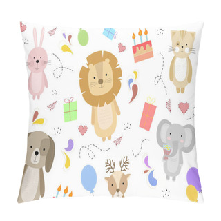 Personality  Illustration With Animals. Greeting Card With Animals. Greeting Card With Rabbit, Elephant, Dog, Cat, Lion, Deer. Pillow Covers