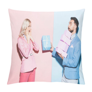 Personality  Handsome Man Giving Gift To Shocked Woman On Pink And Blue Background  Pillow Covers