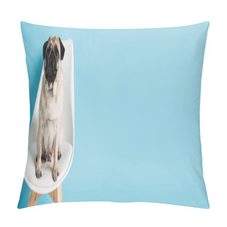 Personality  Fawn Color Pug On White Chair On Blue Background With Copy Space, Banner Pillow Covers