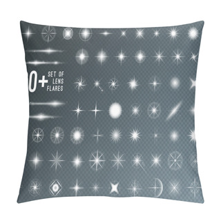 Personality  Large Set Of Realistic Lens Flares Star Lights And Glow White Elements On Transparent Background. Vector Illustration Pillow Covers