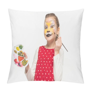Personality  Cute Kid With Tiger Muzzle Painting On Face Holding Palette While Drawing On Cheek With Paintbrush Isolated On White Pillow Covers