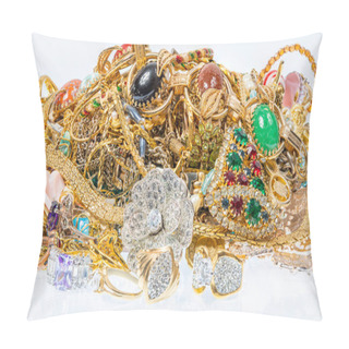 Personality  Horizontal Shot Of A Cluster Of Colorful Vintage Jewelry On A White Background. Pillow Covers