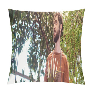 Personality  Happy And Good Looking Gardener In Linen Apron Holding Plant And Standing In Greenhouse, Banner Pillow Covers