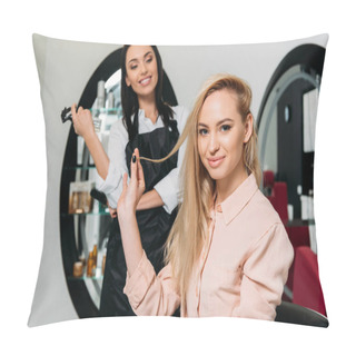 Personality  Attractive Woman Showing Strand Of Hair Pillow Covers