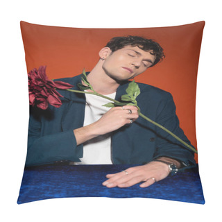 Personality  Trendy Man In Blue Jacket Holding Dahlia Flower Isolated On Red  Pillow Covers