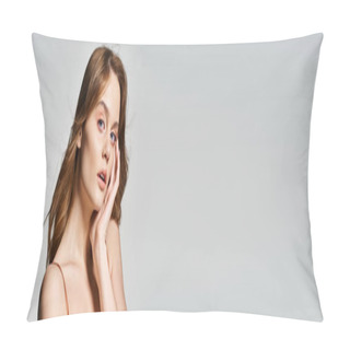 Personality  Beauty Portrait Of Tender Woman With Natural Makeup, Looking At Camera With Hands Near Face, Banner Pillow Covers
