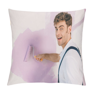 Personality  Handsome Young Painter Painting Wall In Pink Color With Paint Roller And Smiling At Camera Pillow Covers
