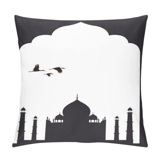 Personality  Vector Silhouette Indian Frame With Taj Mahal And Flying Herons. Pillow Covers