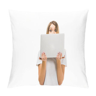 Personality  Shocked Young Woman Holding Laptop And Looking At Camera Isolated On White Pillow Covers