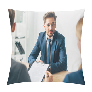 Personality  Selective Focus Of Handsome Employee Looking At Recruiter During Job Interview Pillow Covers