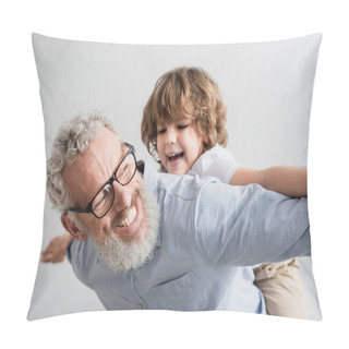 Personality  Cheerful Granddad Playing With Blurred Grandson At Home Pillow Covers