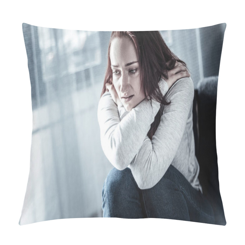 Personality  Stressful Unhappy Woman Hugging Herself And Looking Down. Pillow Covers