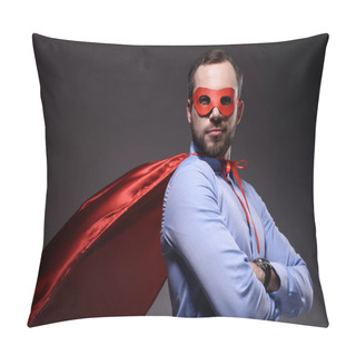 Personality  Handsome Super Businessman In Mask And Cape With Crossed Arms Looking At Camera Isolated On Black Pillow Covers