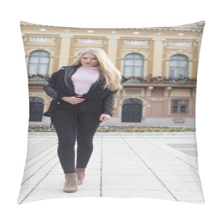 Personality  Young And Beautiful Girl Walking Along The Main City Street Pillow Covers