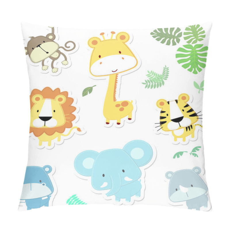 Personality  cartoon illustration of seven baby animals and jungle leaves pillow covers