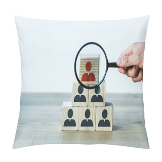 Personality  Cropped View Of Man Holding  Magnifier Near Wooden Cubes On Desk  Pillow Covers