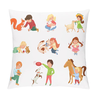 Personality  Set Of Cute Children Play With Different Home Animals Pillow Covers