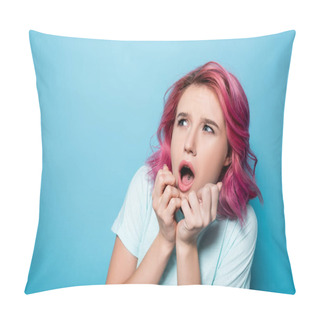 Personality  Scared Young Woman With Pink Hair On Blue Background Pillow Covers