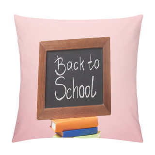 Personality  Chalkboard With Back To School Words On Stack Of Books Isolated On Pink Pillow Covers