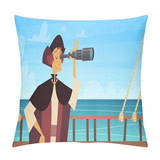 Personality  Man On Ship With Spyglass Happy Columbus Day National Usa Holiday Concept Pillow Covers