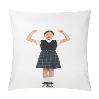 Personality  Excitement, Happy Schoolgirl Celebrating Back To School, Isolated On White, Full Length, Uniform Pillow Covers