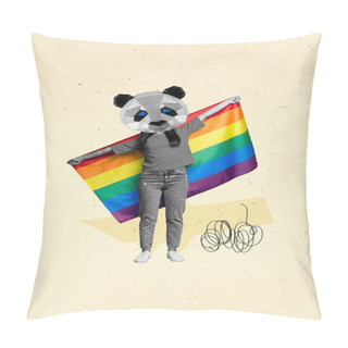 Personality  Vertical Creative Magazine Collage Of Young Girl Panda Head Hold Lgbt Flag Rainbow Parade Sexual Minorities Propaganda Isolated On Yellow Background. Pillow Covers
