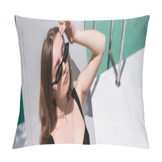 Personality  High Angle View Of Brunette Woman In Swimsuit And Sunglasses Lying On Deck Chair Near Pool, Banner  Pillow Covers