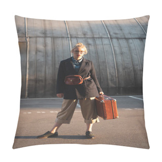 Personality  Fashionable Elegant Girl Holding Retro Suitcase On Urban Parking Pillow Covers