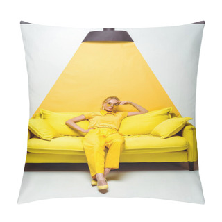 Personality  Attractive Blonde Woman Sitting On Sofa And Looking At Camera On White And Yellow  Pillow Covers