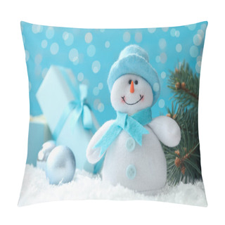 Personality  Snowman Toy, Fir Tree And Christmas Ball On Snow Against Blurred Festive Lights, Closeup Pillow Covers