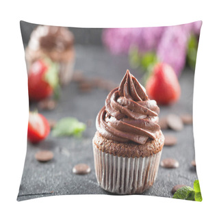 Personality  Chocolate Cupcakes. Freshly Baked Homemade Cupcakes With Strawberries, Mint Leaves And Lilac Flowers On A Gray Background. Home Baking Concept. Soft Focus Pillow Covers