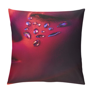 Personality  Close Up View Of Beautiful Asian Girl With Rhinestones On Face In Red Light Pillow Covers