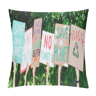 Personality  Panoramic Shot Of People Holding Placards With Save Our Planet And One Earth Lettering Outdoors, Ecology Concept Pillow Covers